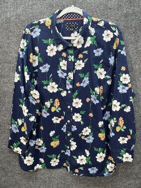 Talbots Button Front Shirt Womens 3X Navy Blue Floral Flip Cuff Long Sleeve